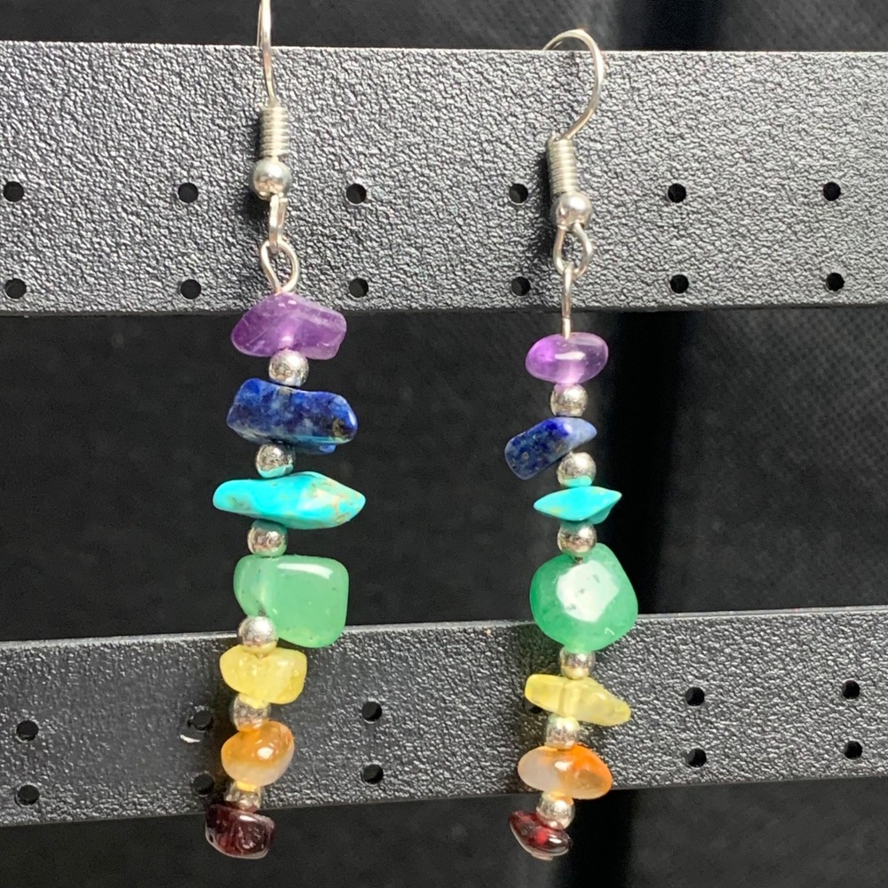 Chakra Gemstone Chip Dangle Earrings Rainbow Boho Crystal Drop Silver Tone 4948